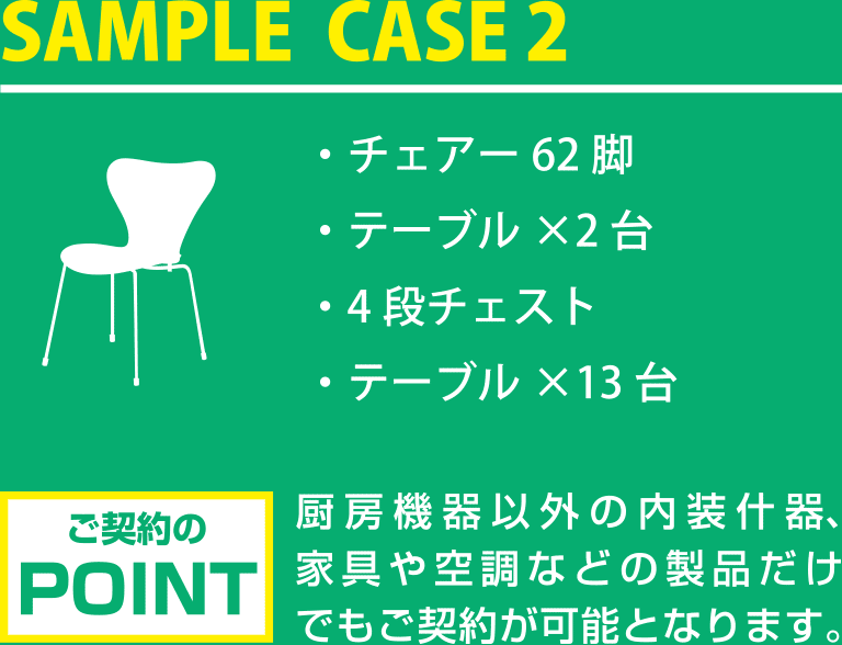 SAMPLE CASE 2・チェアー62脚 ・テーブル×2台・4段チェスト・テーブル×13台